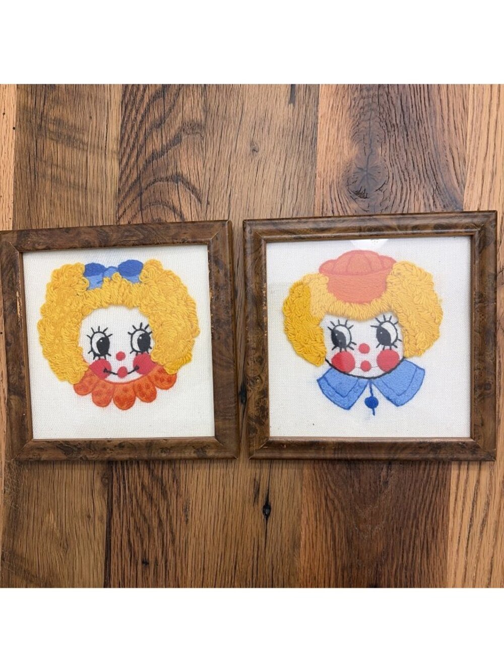 Bernat 1977 Rag Doll Face Set Completed Crewel Embroidery Framed 8.5”x8.5”